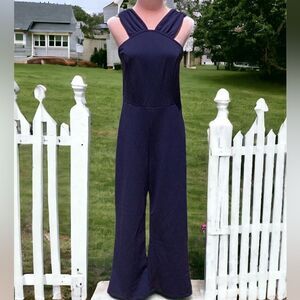 THE VANITY ROOM NWT CREPE V DETAIL JUMPSUIT INK BLUE MEDIUM CROP LENGTH